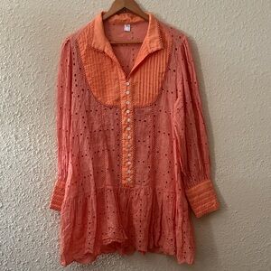 Chic Orange Lace Button-Up Blouse